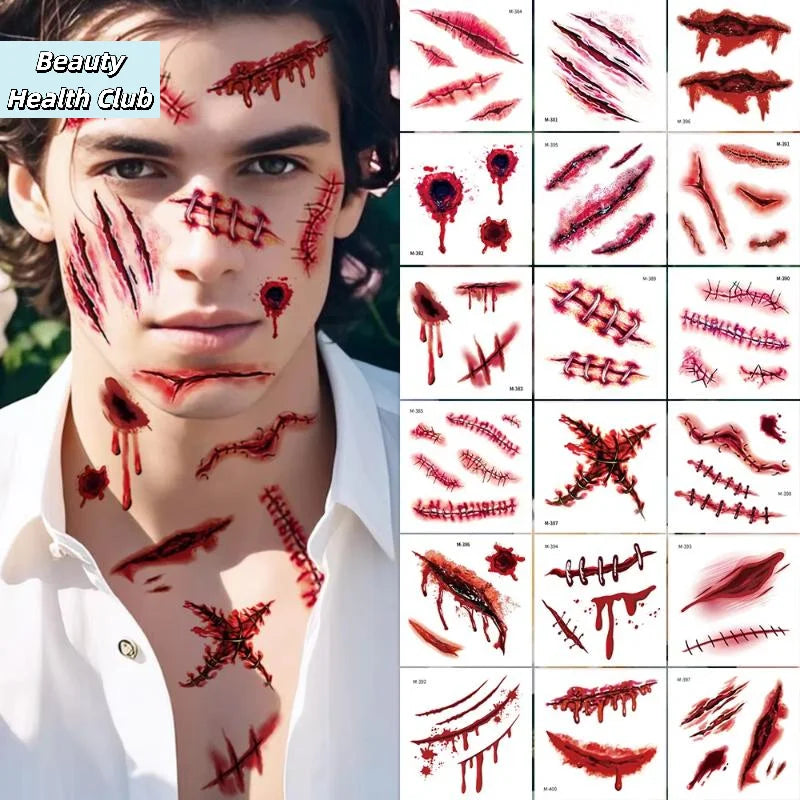 【20Sheets 3D Realistic Scar Tattoos Waterproof Fake Bloody Wound Stickers For Halloween Cosplay Face & Body - product image 2