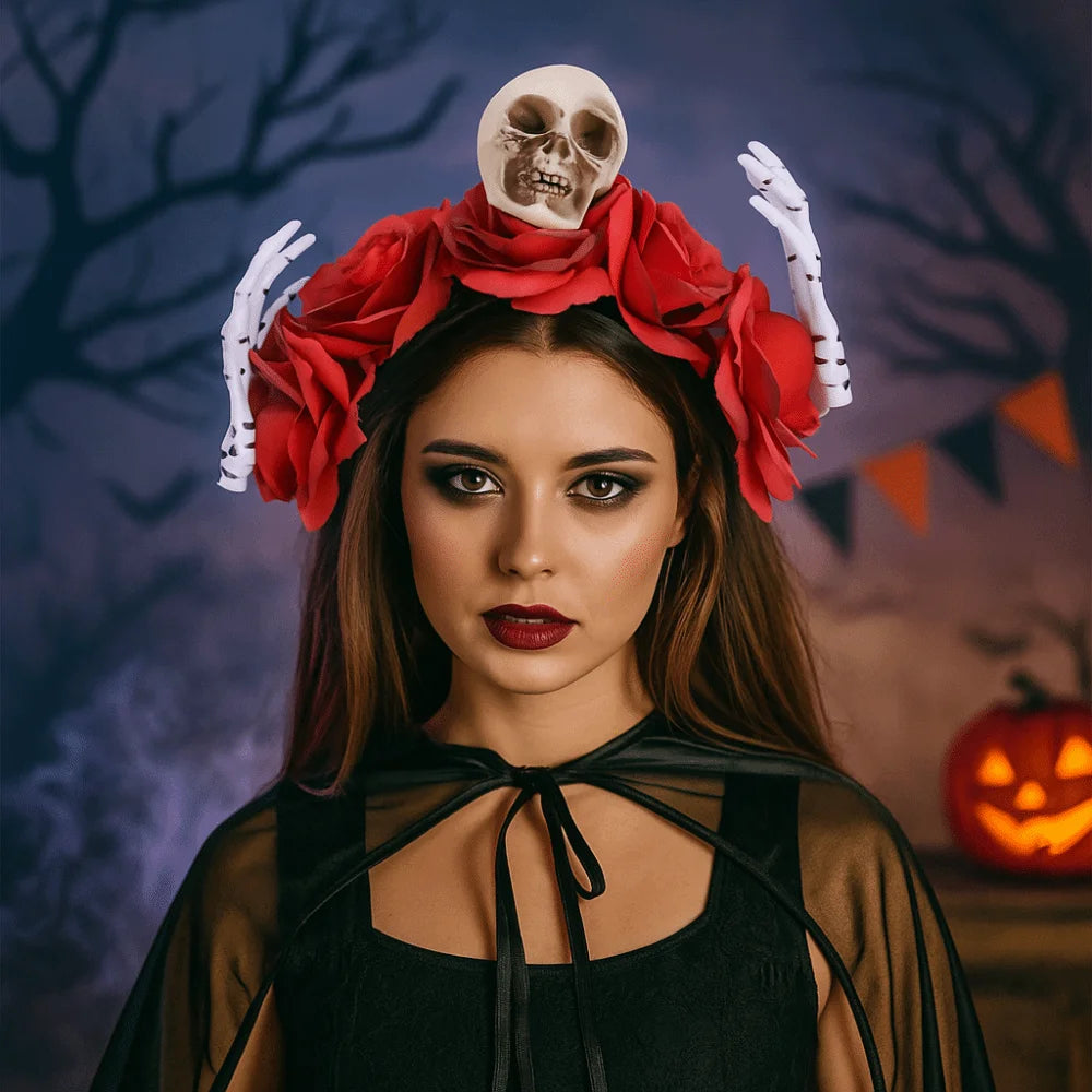 Headwear Rose Flower Halloween Headband Skull Gothic Branch Hair Hoop Non - product image 2