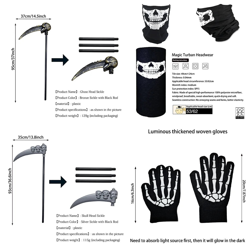Scary Halloween Grim Reaper Costume Set Scythe Hooded Cape Skull Face Mask Gloves for Kids - no weapon 1set 1