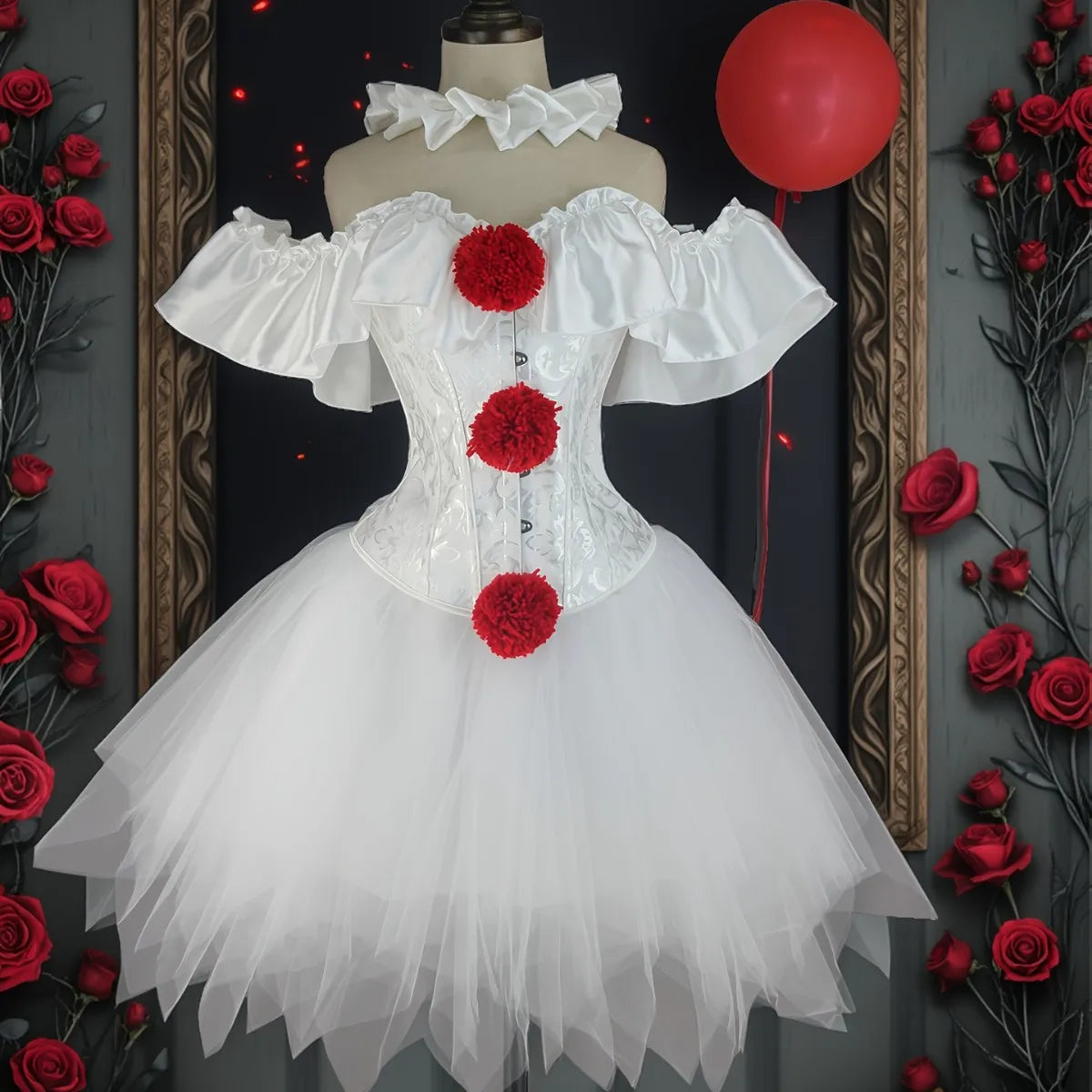 Halloween Clown Costume Women Corsets Suit with Skirt Circus Performance Outfit Jester - Red / M