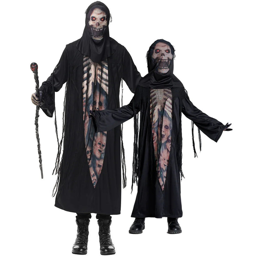 Kids Black Grim Reaper Costume – Hooded Robe, Headgear & Gloves