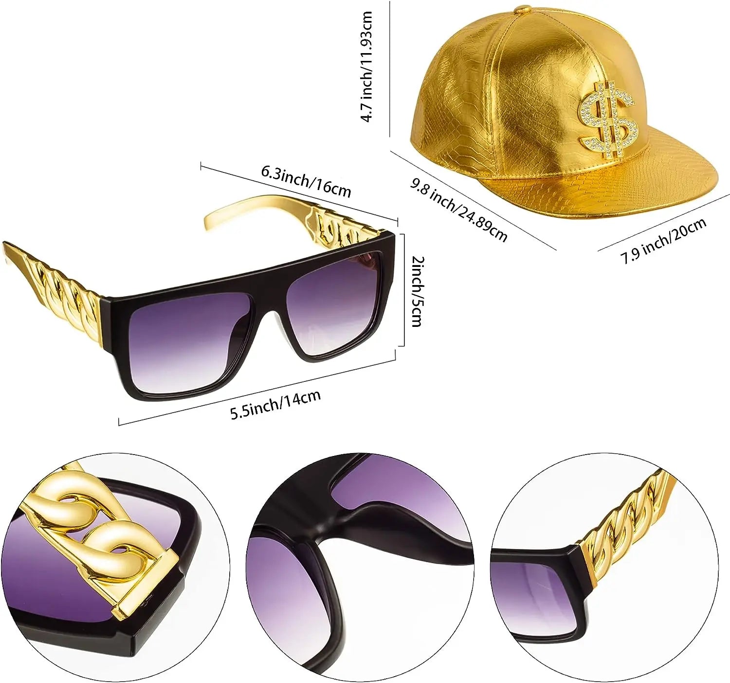 PESENAR 80s 90sHip Hop Costume Kit Metal Chain Flat Top Sunglasses Rapper Big Chain