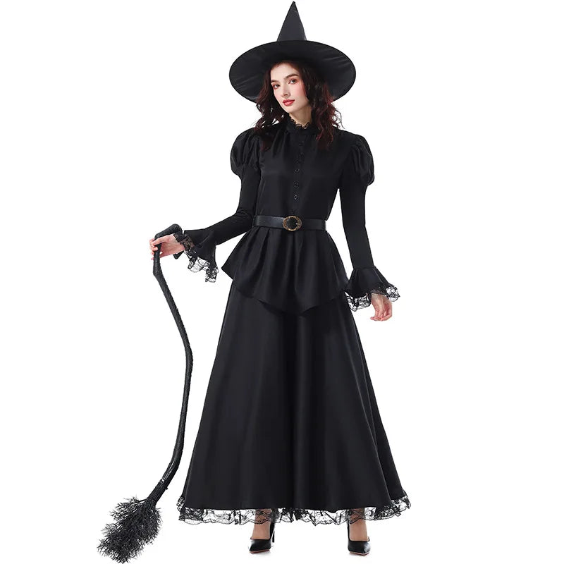 Halloween Witch Costume Black Lace Magical Wizard Dress Hat Belt 3pcs Set Women Gothic Elegant Party Outfit - product image 4