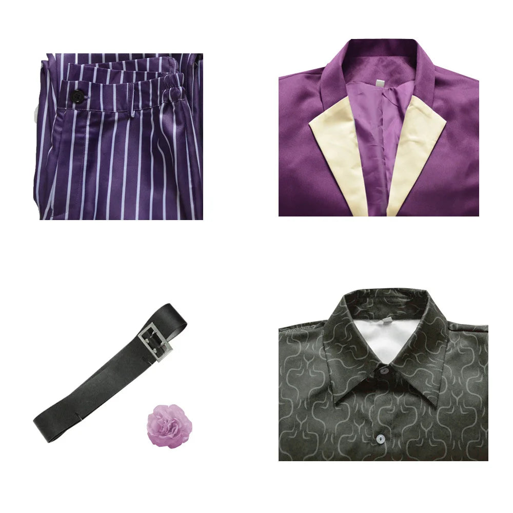 Anime the Joker Mortal Kombat 11 Costume Purpel Suit Set Stripe Pant Belt Halloween - set / M