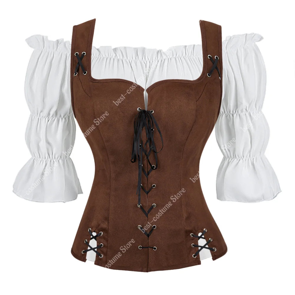 Pirate Costume Women Medieval Vest Costume Plus Size Medieval Blouse Tops 2 Pieces