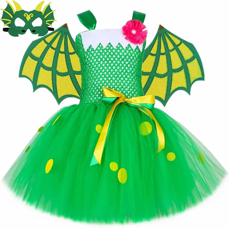 Green Dragon Dinosaur Costume Kids Fancy Tutu Dress with Wings Toddler Girls Halloween Animal Dress Up Clothes - product image 7