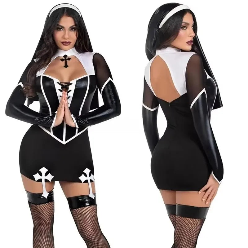 Women's Women's Women Halloween Nun Costume Sexy Black Pu Leather Hollow Nun