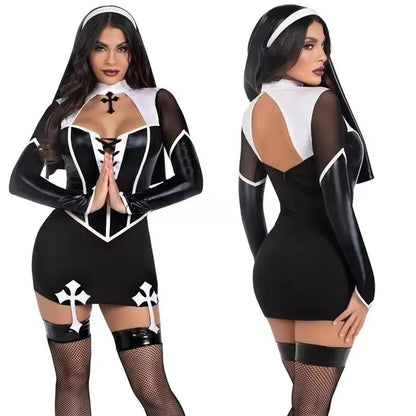 Women's Women's Women Halloween Nun Costume Sexy Black Pu Leather Hollow Nun