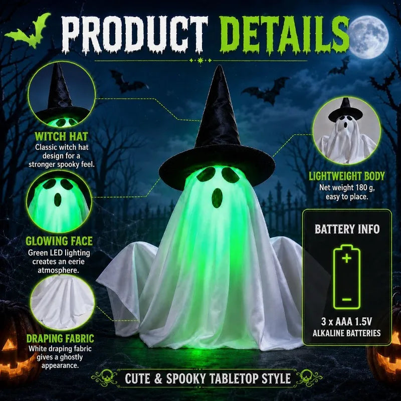 Rising Halloween Ghost Decor With Witch Hat, Glowing Green Face With Spooky Sound Effect, Tabletop Haunted