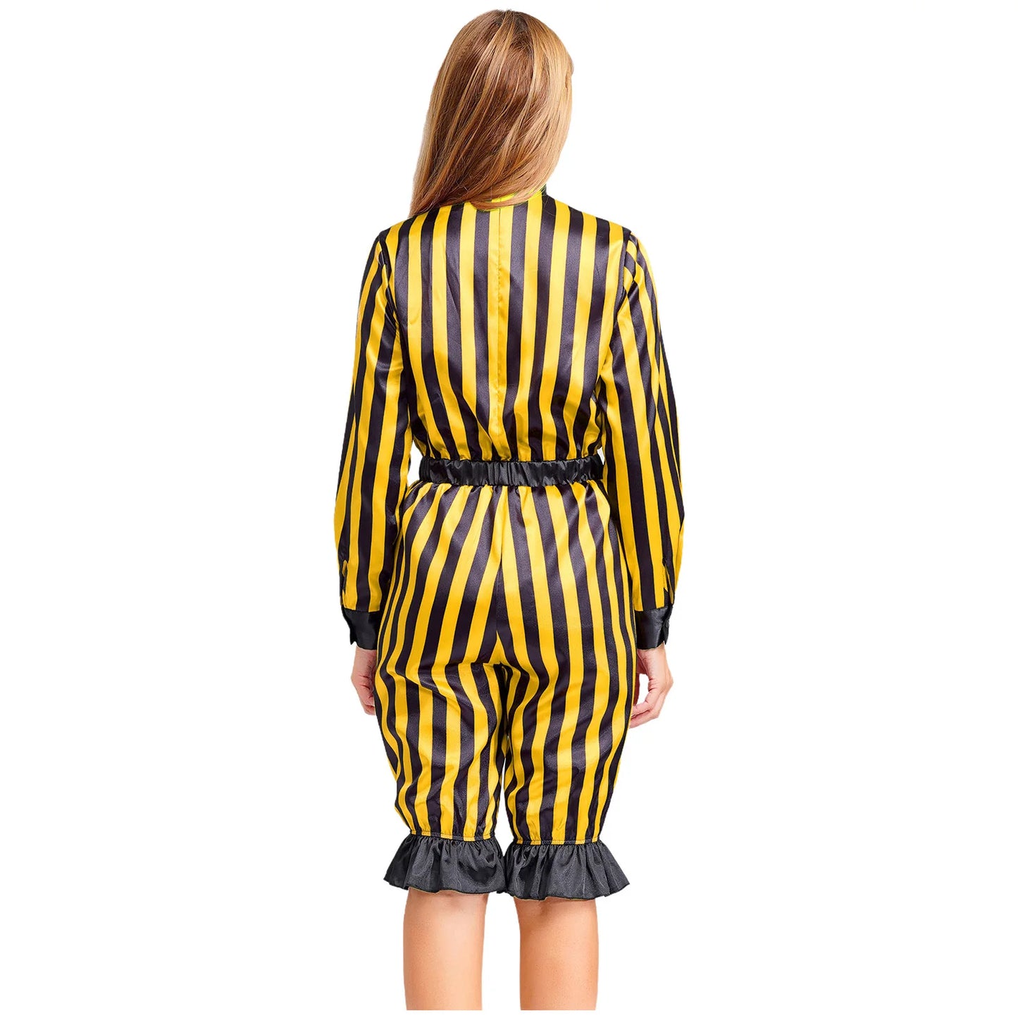 Women's Halloween Wicked Clown Circus Costume Vintage Rompers Bow Sleeve Bloomers Pants - Yellow Black / XL