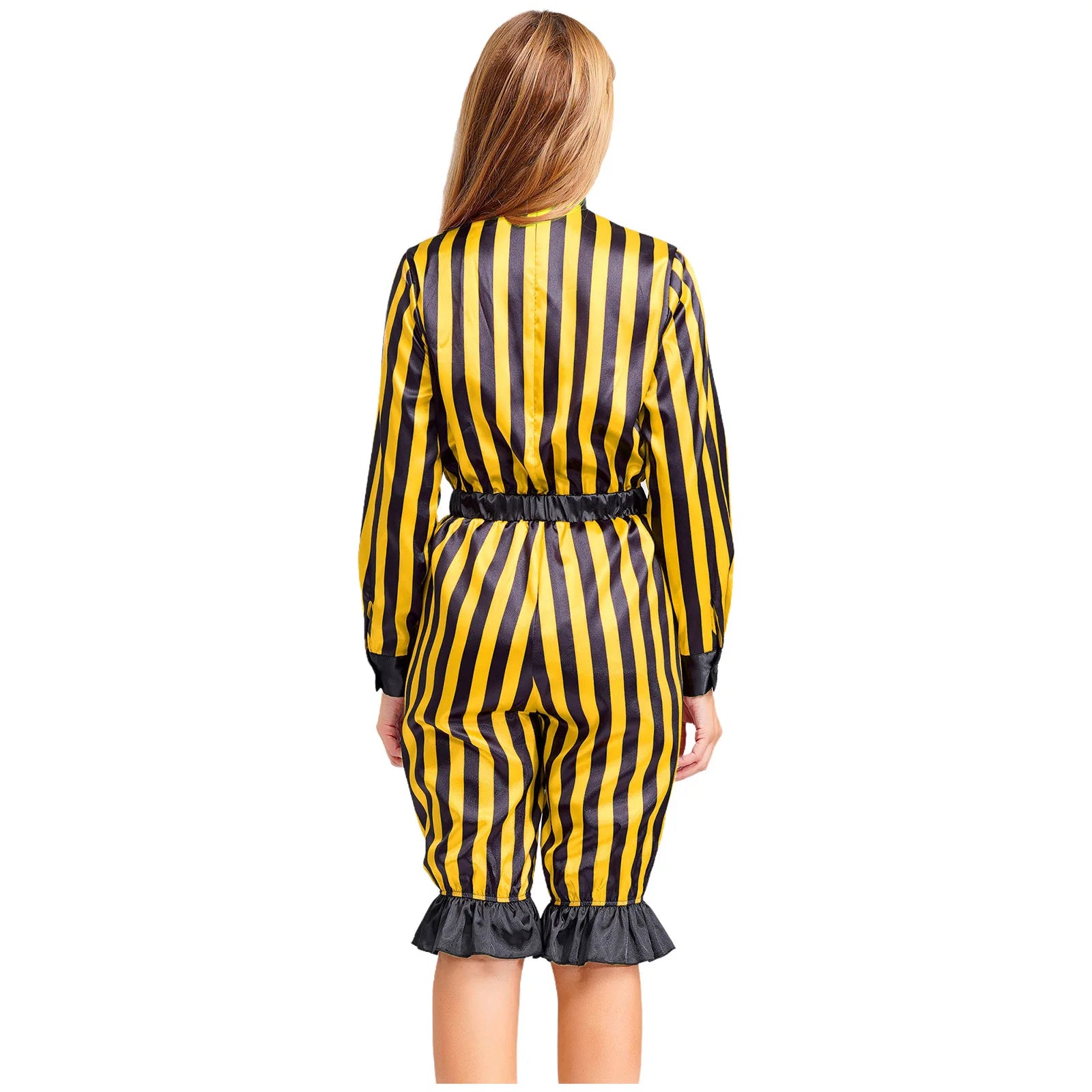 Women's Halloween Wicked Clown Circus Costume Vintage Rompers Bow Sleeve Bloomers Pants - Yellow Black / XL