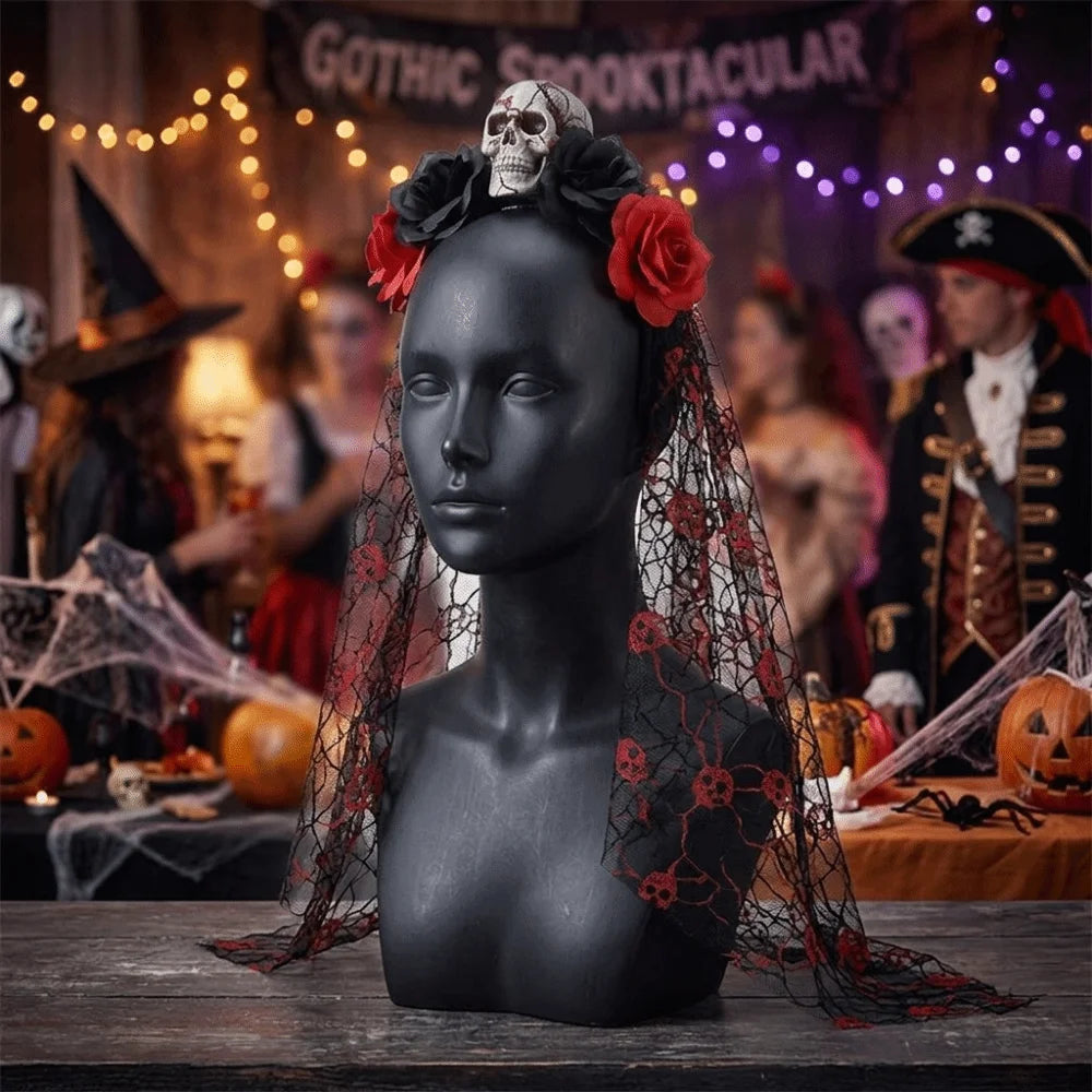 Gothic Ghost Bride Headband Simulation Rose Skull Pattern Halloween Rose - product image 5