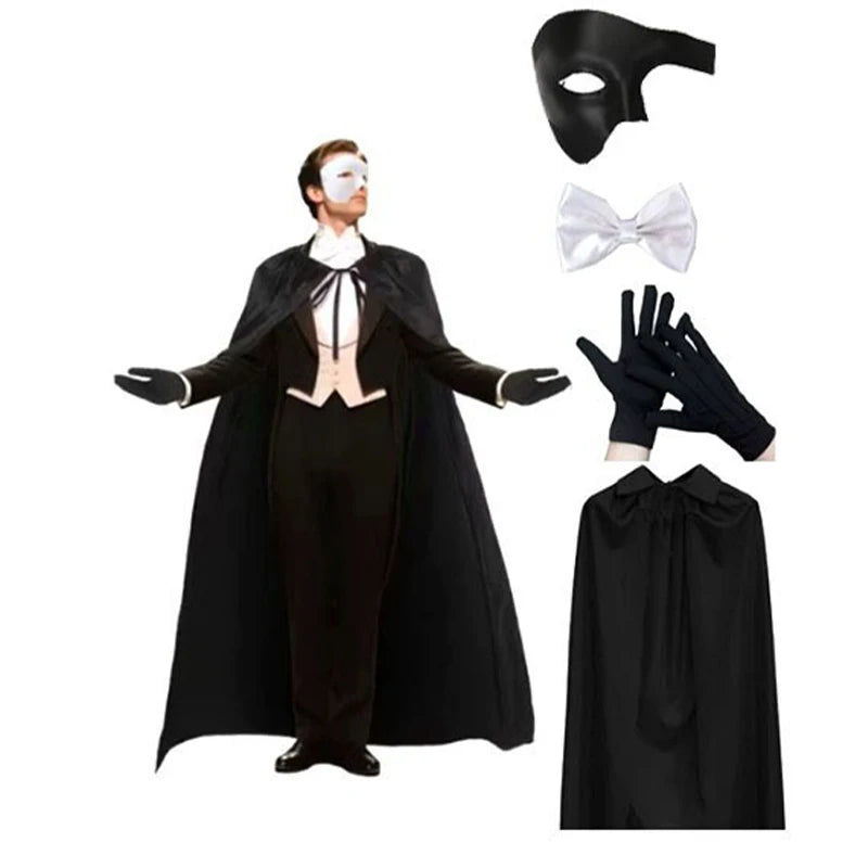 Halloween Masquerade Phantom Costume Kit, Black Long Cape Half Mask Bow Tie Gloves Adult Men Opera Ghost - product image 7