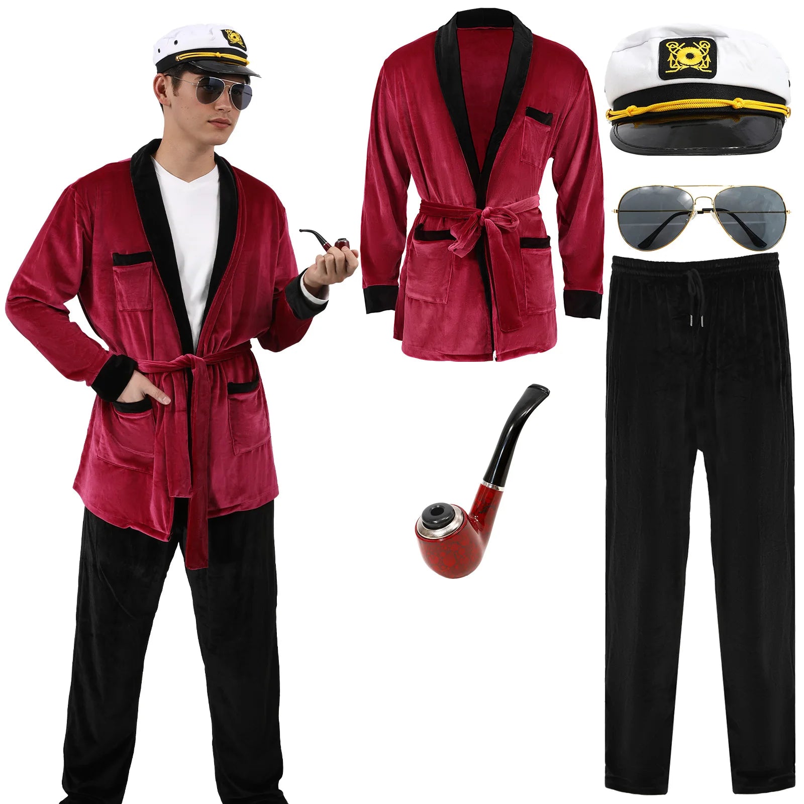 Men Velvet Robe Silky Long Sleeve Bathrobe Pajama with Sunglasses Captain Hat Belt PantsHalloween