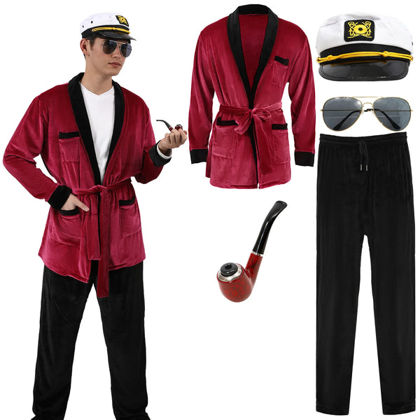 Men Velvet Robe Silky Long Sleeve Bathrobe Pajama with Sunglasses Captain Hat Belt