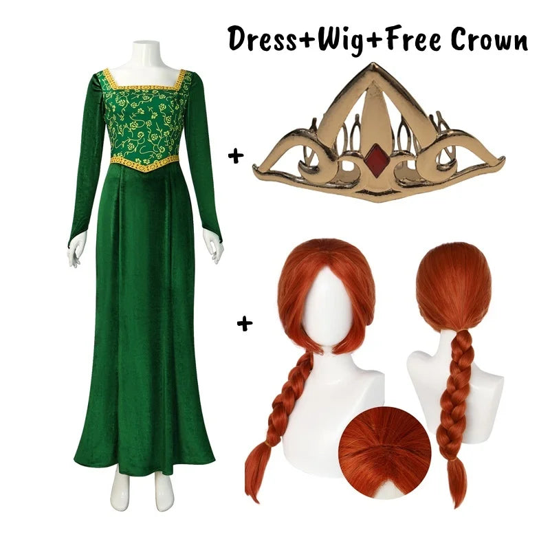 Women's Fiona-Inspired Shrek Costume – Green Dress, Wig & Crown Options