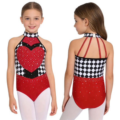 Kids Girls Circus Clown Mad Hat Costume Rhinestones Halter Sleeveless Plaid Jumpsuit - Red B / 10