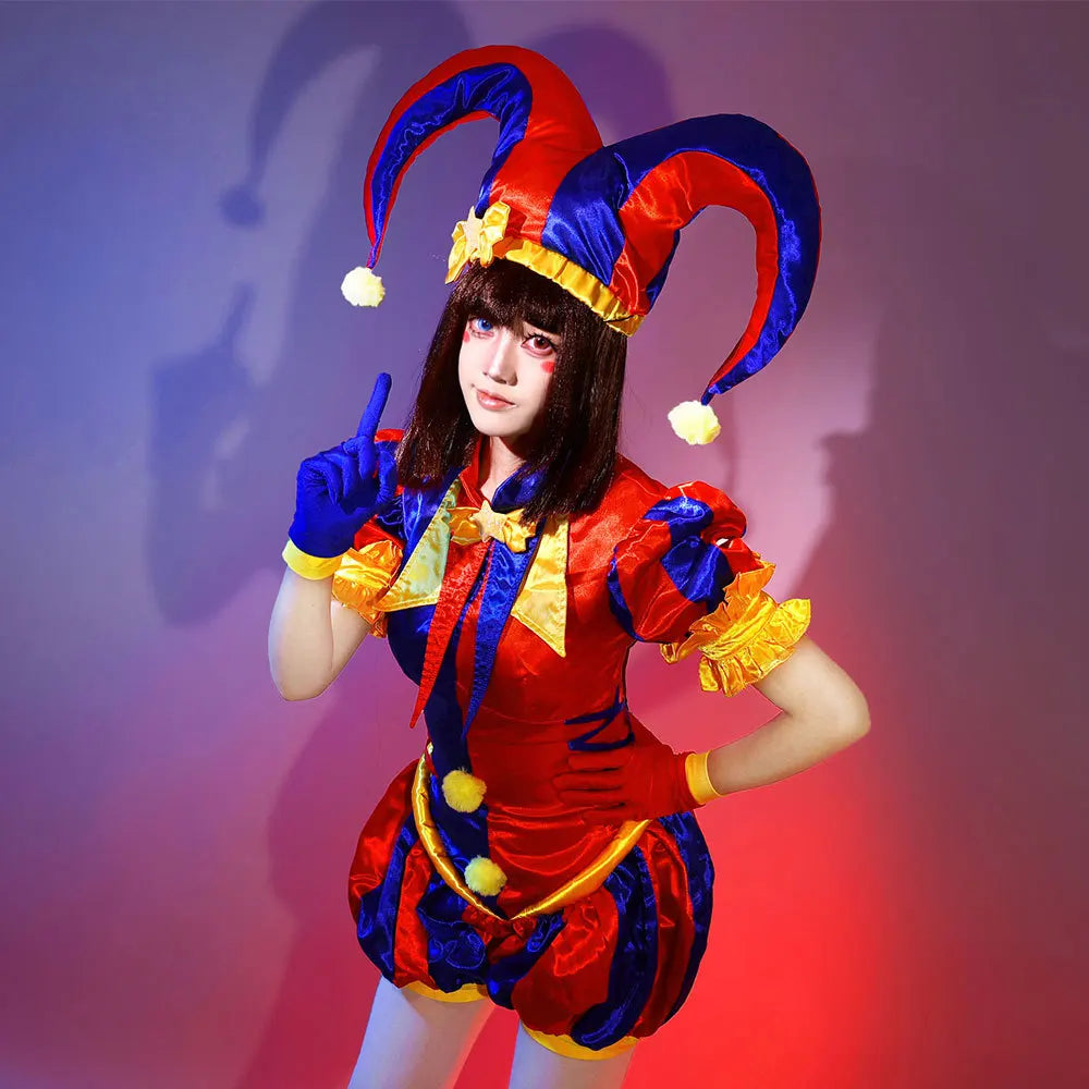 Adult Women Clown Cosplay Costume Jester costume Blue Red Jumpsuit and Hat with Gloves Socks Christmas - product image 4