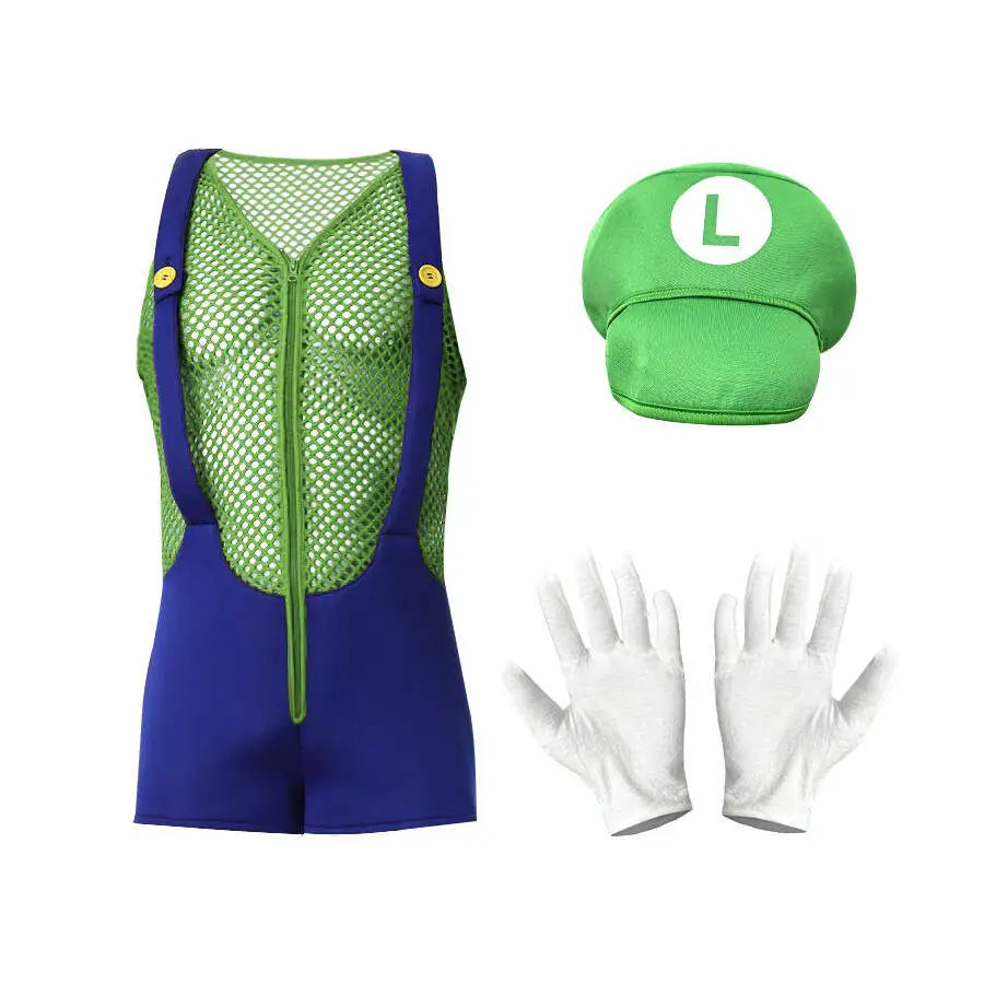 Adult Halloween Anime Cartoon Costume with Hat Sexy Men Red Blue Super Plumber Brother - View 7