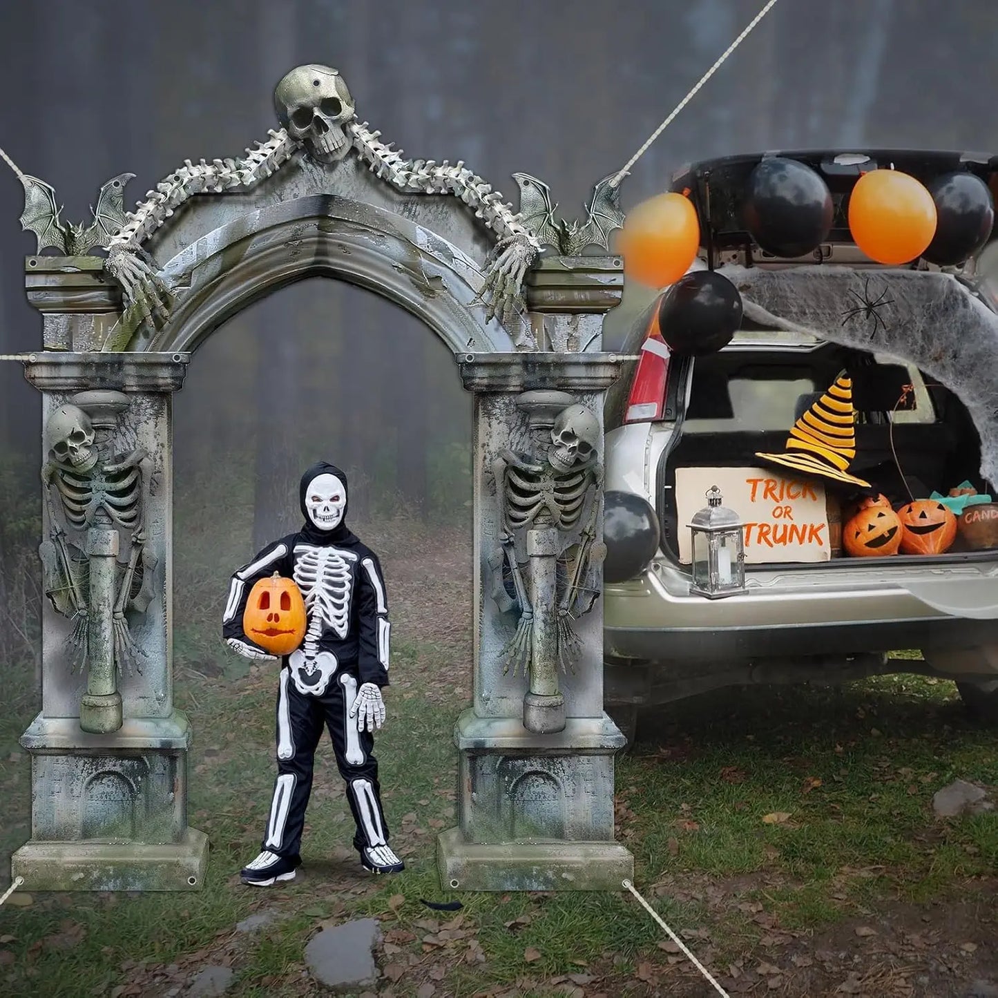 Halloween Skeleton Party Decorations Scary Tombstones Door Banner Creepy Bats Photo Booth - Discount Halloween City