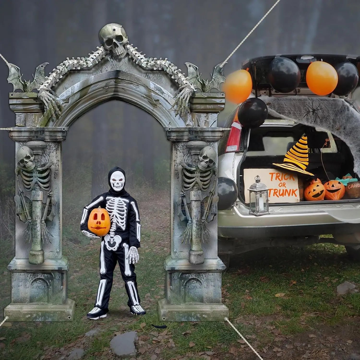 Halloween Skeleton Party Decorations Scary Tombstones Door Banner Creepy Bats Photo Booth - Discount Halloween City