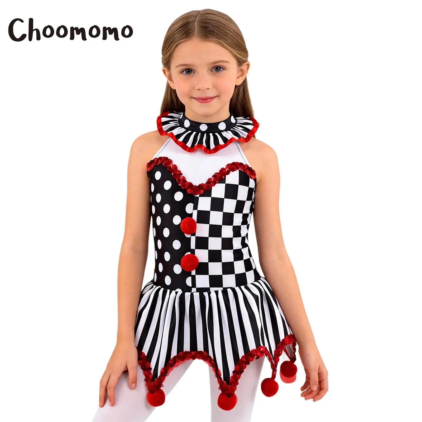 Kids' Clown Circus Plaid Polka Dots Stripes Print Sequins Halloween Costume - Black Red / 10