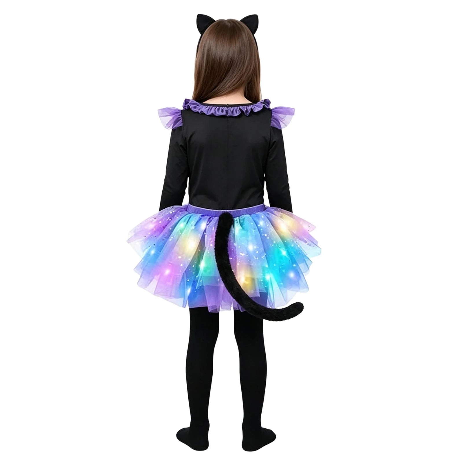 Girls Halloween Costume Sleeve Bodysuit with Mesh Ruffled Layered Tutu Skirt Headwear Faux - Black / XL
