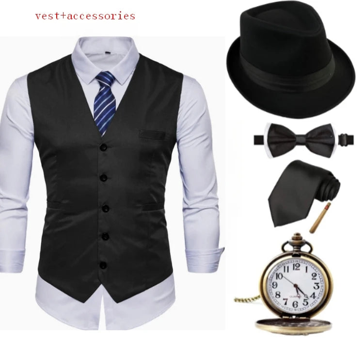 1920s Mens Costume ,Gatsby Gangster Vest,Vintage Pocket Watch,Pre Tied Bow Tie