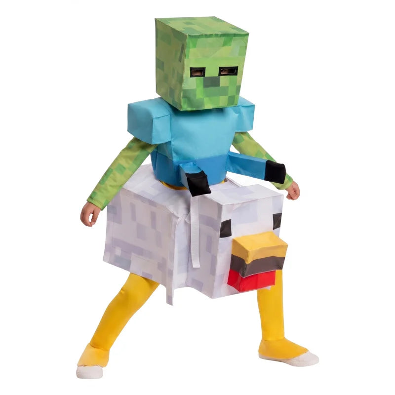 Halloween Jockey Costume, Pixel Block Chicken JockeyStyle Game Role Play Outfit, Funny Stage Performance