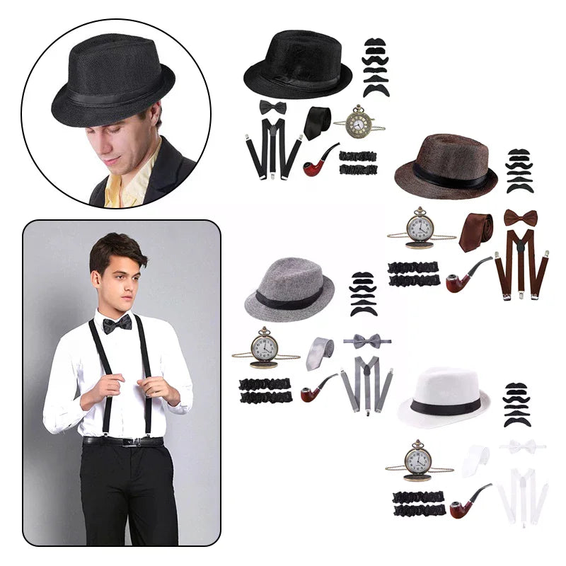 Halloween 1Set 1920's Costume Hat Pocket Watch Neck Tie Moustache Bowtie Gatsby - I