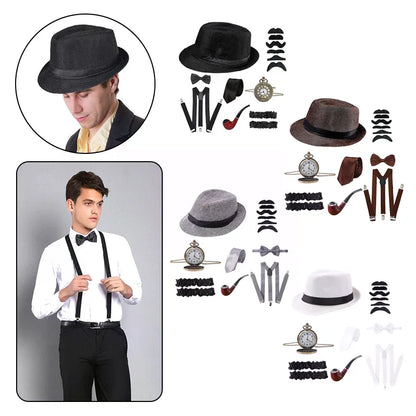 Halloween 1Set 1920's Costume Hat Pocket Watch Neck Tie Moustache Bowtie Gatsby - I