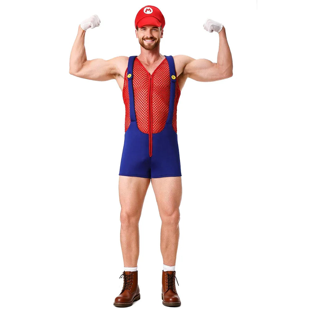 Adult Halloween Anime Cartoon Costume with Hat Sexy Men Red Blue Super Plumber Brother - View 5