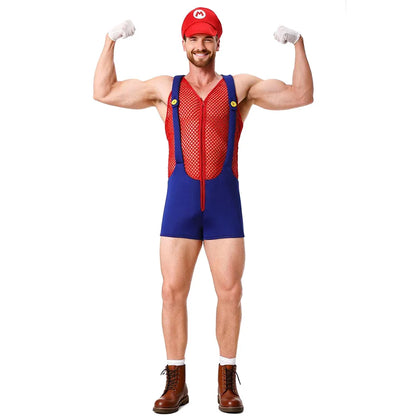 Adult Halloween Anime Cartoon Costume with Hat Sexy Men Red Blue Super Plumber Brother - View 5