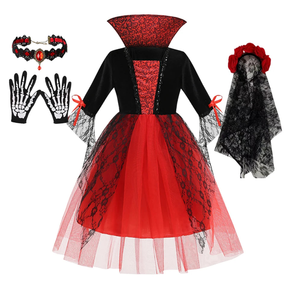 Girls Red Ghost Bride Gothic Halloween Vampire Costume Dress Up - product image 4