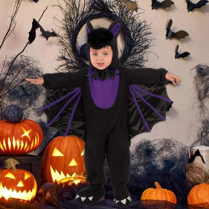 Kids Bat Costume – Black & Red Winged Jumpsuit with Hat