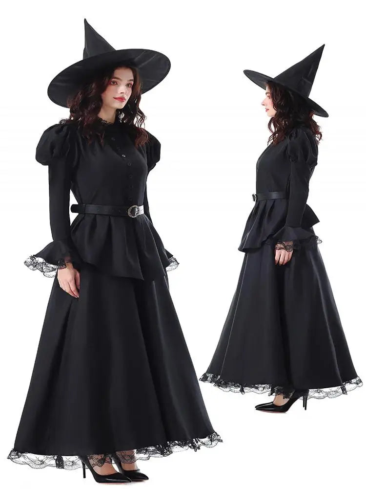 Halloween Witch Costume Black Lace Magical Wizard Dress Hat Belt 3pcs Set Women Gothic Elegant Party Outfit - product image 5