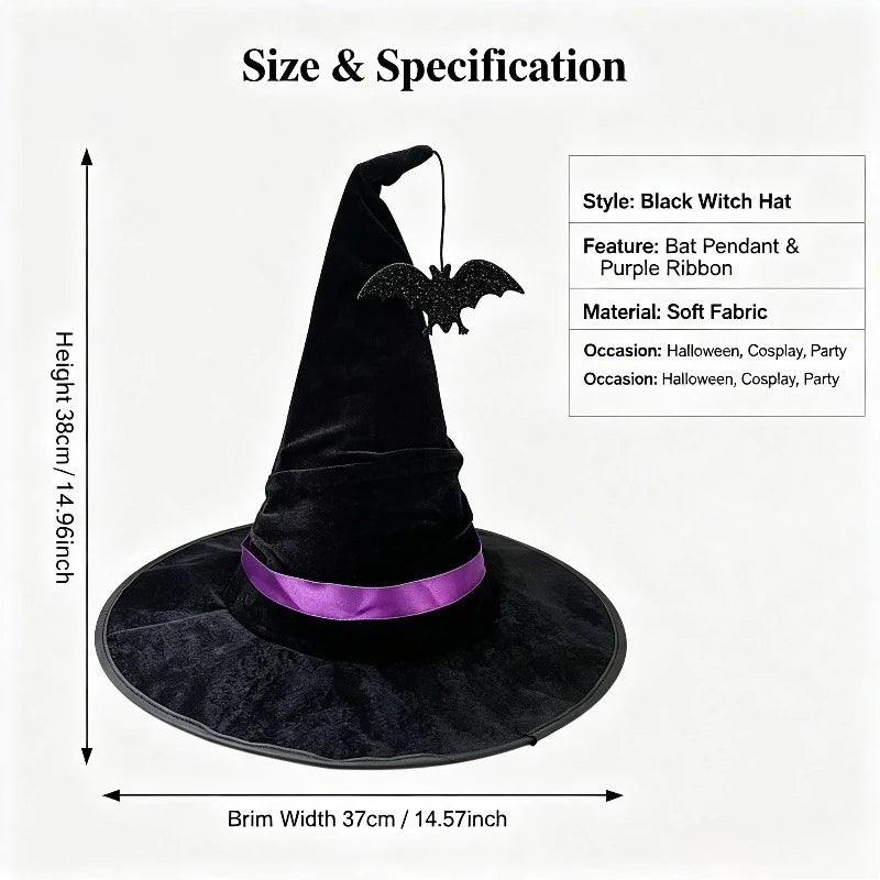 Halloween Crumpled Witch Hat Party, Witch Hat Black Velvet Witch Costume - product image 6