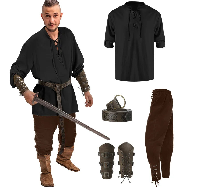 4 Pcs Halloween Men's Renaissance Costume Set Medieval Pirate Shirt Ankle Banded Pants Viking Belt Accessories - product image 15