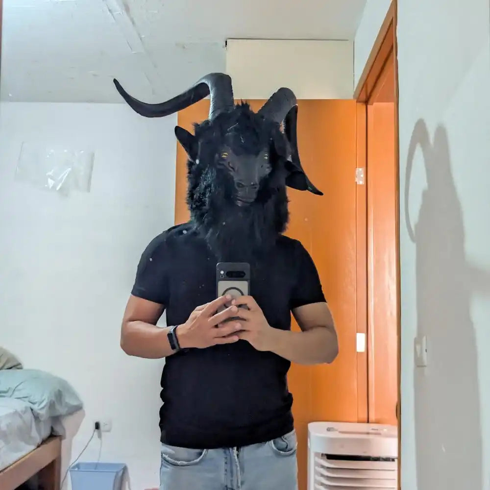 Evil Black Phillip Goat Mask Cosplay Animal Goat With Large Horns Latex HelmetHalloween
