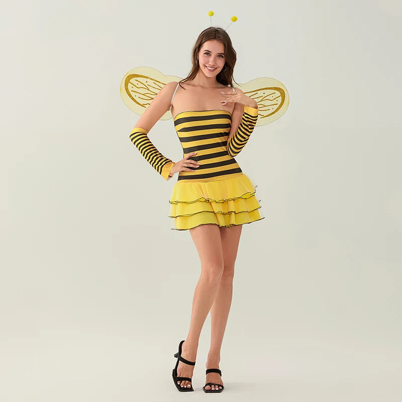 Women Outfit Striped/Dots Print Sleeveless Ladybug/Bee Costume Dress with Hair Hoop