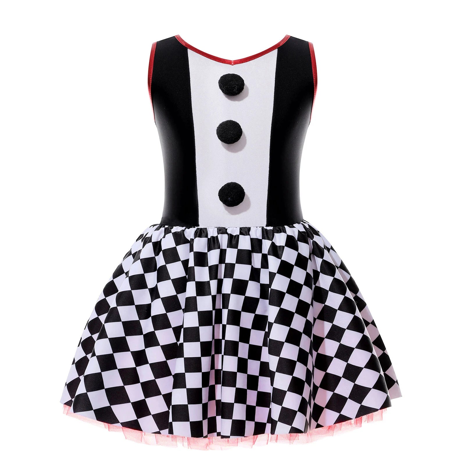 Girls Circus Clown Joker Costume Halloween Costume Black White Grid Pompoms Leotard Tutu - Black B / 6