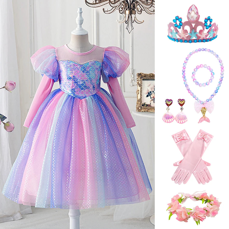Girls Long-Sleeve Mermaid Princess Costume Dress