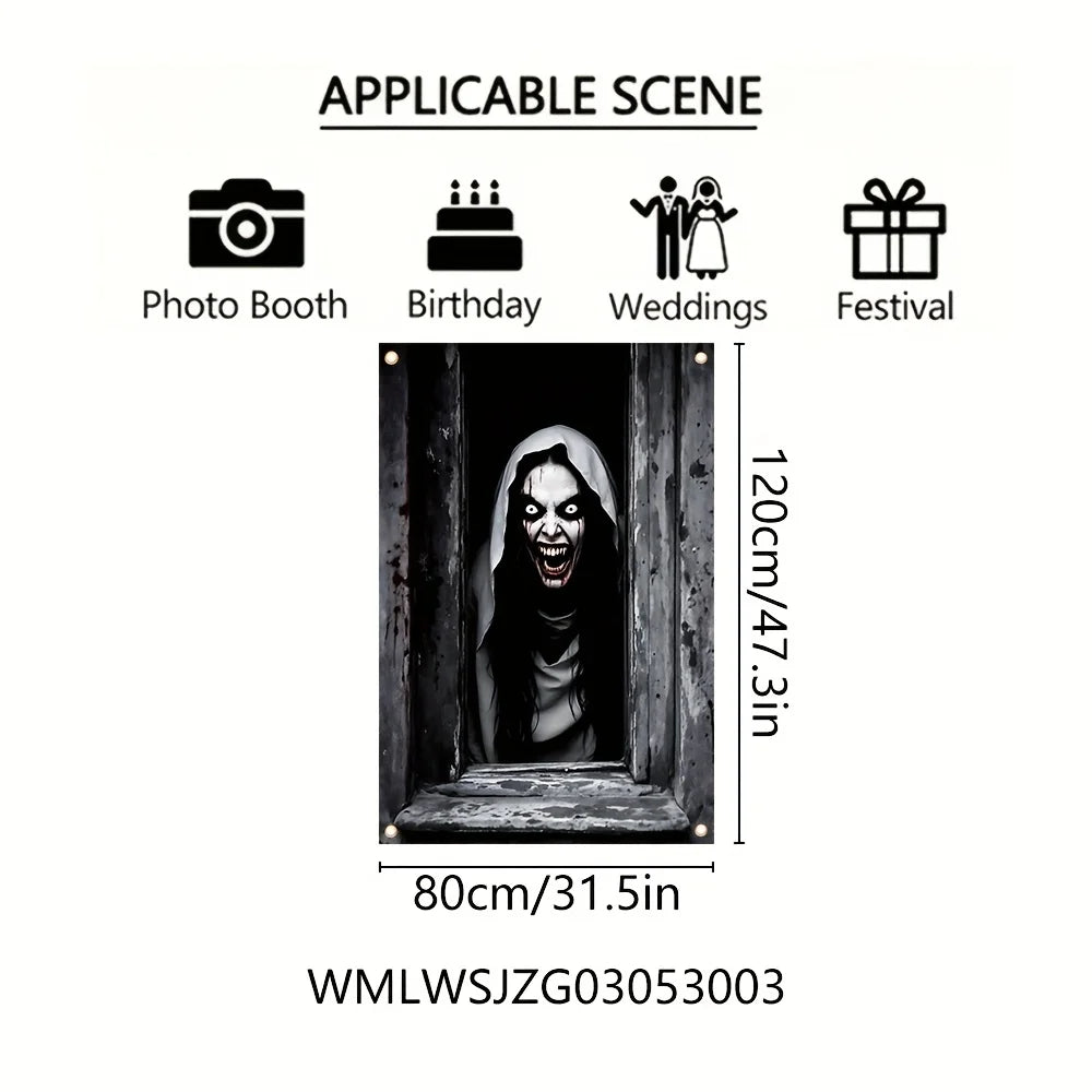 One Halloween curtain - featuring a terrifying design of a ghostly female - product image 2