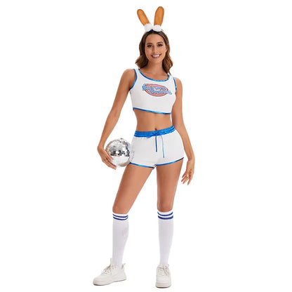 Cute Bunny Squad Cheerleading Costume Set Print Trim Edge Crop Tank Top & Elastic Waist Shorts for Halloween Club Party Cosplay