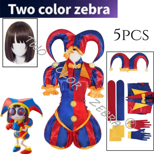 Digital Circus Pomni Costume Women's Red Blue Clown Suit Matching Hat Pom Poms Wig - Costume / S