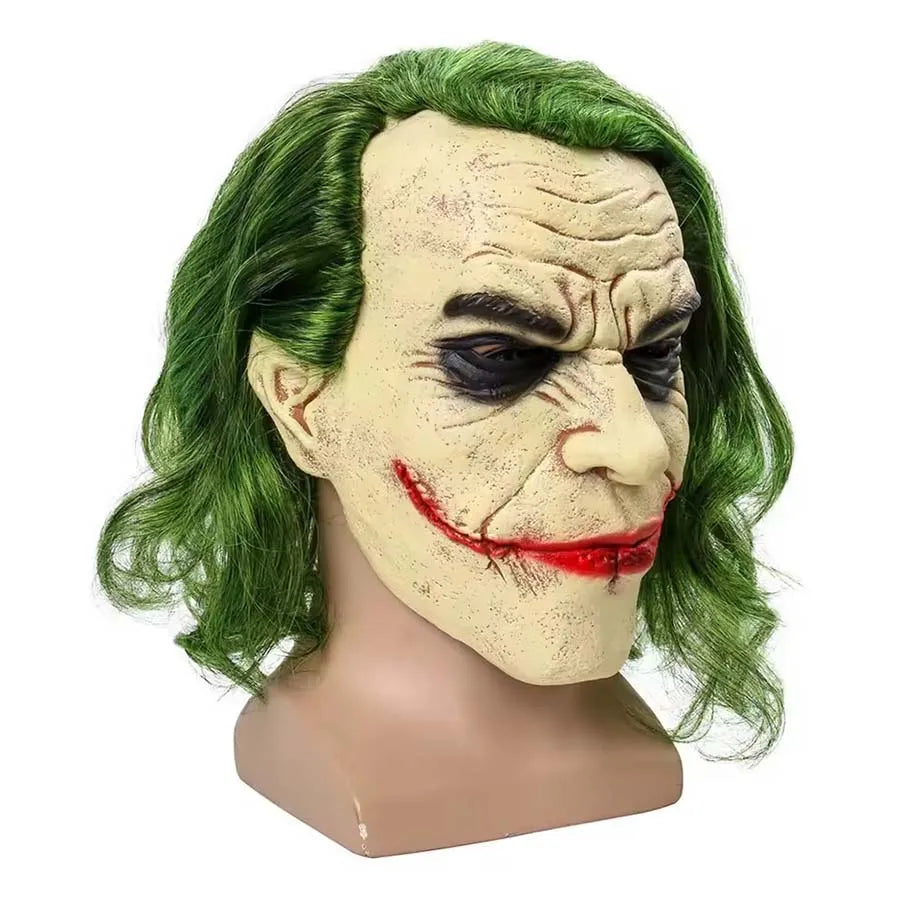 Halloween Latex Clown Mask Bat Knight Costume Horror Scary Joker Masks with Green Hair Wig - white