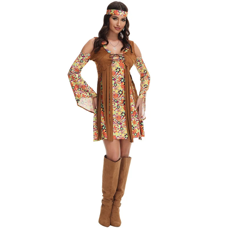70s Disco Costume Women Retro Hippie Dress Female Disco Dress Disco Headwear Two-piece Brown Print Fashion - product image 4