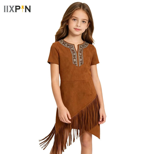 Halloween Indian Princess Costumes Big Girls Pocahontas Huntress Costume Purim Mardi Gras - Beige / 8