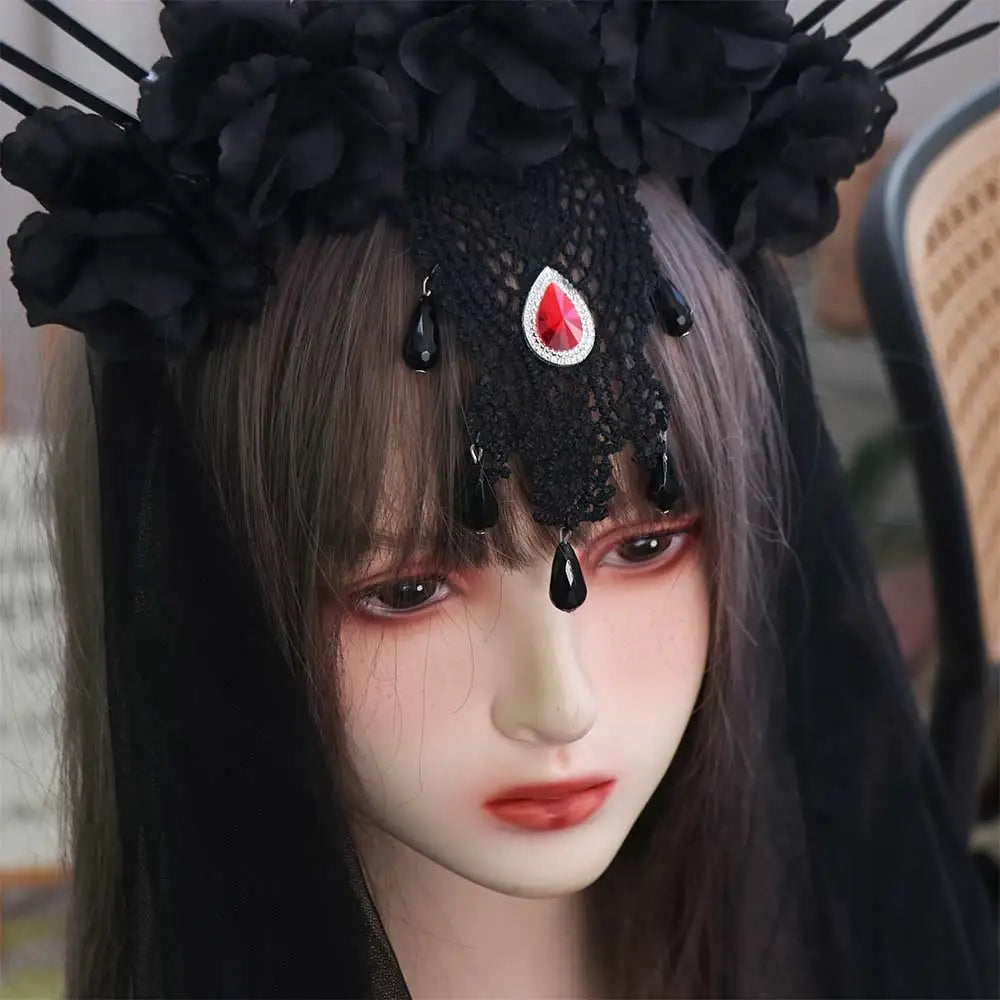 Headdress Mesh Halloween Headband Rhinestone Gothic Veil Headband Black Rose - product image 5