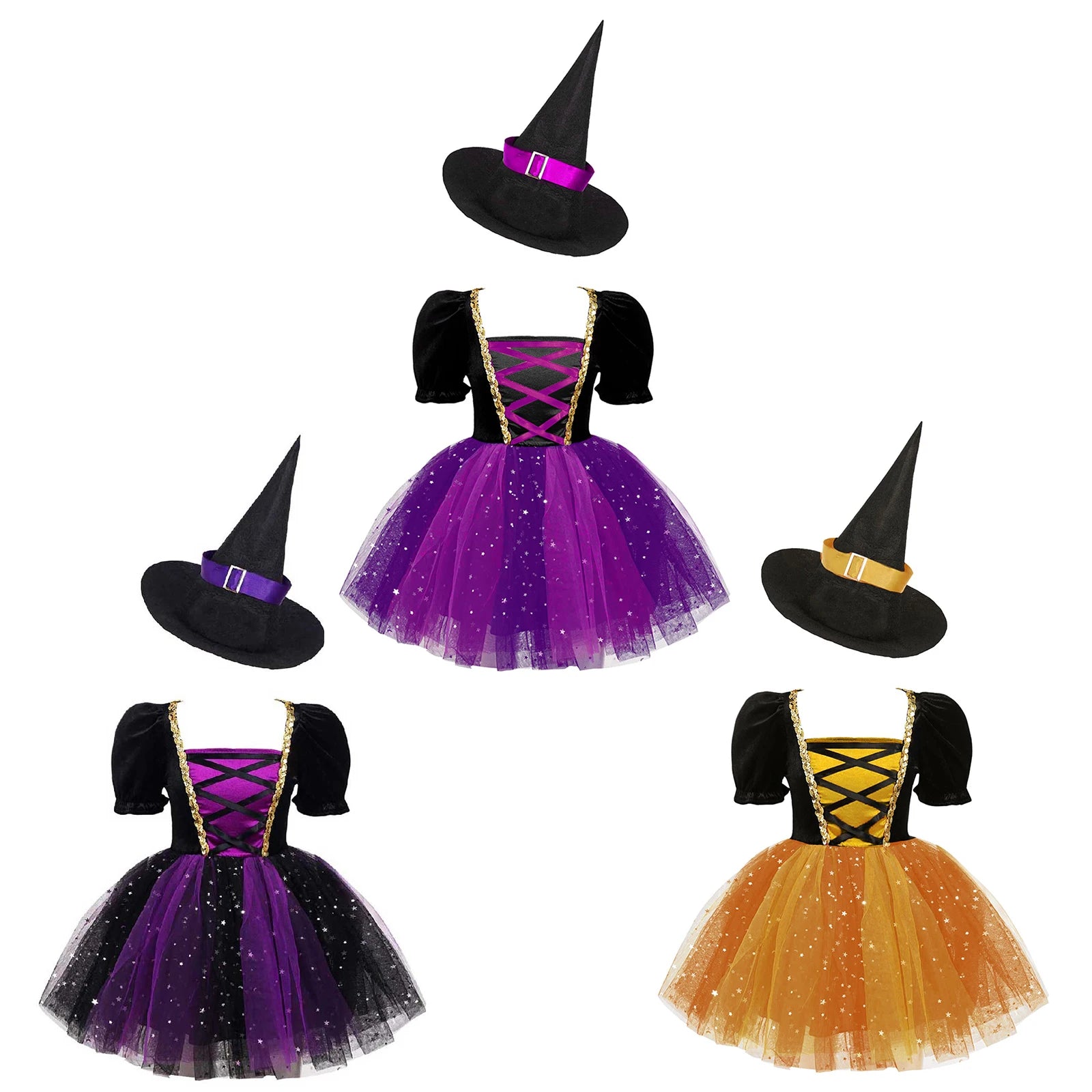 Kids Girls Witch Costume Halloween Cosplay Dress Glittery Mesh Tutu Dress with Pointed Hat for Dress Up - product image 2
